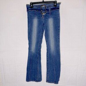 Vintage Y2K Med Wash Low Rise Belted Flare Leg Jeans 28